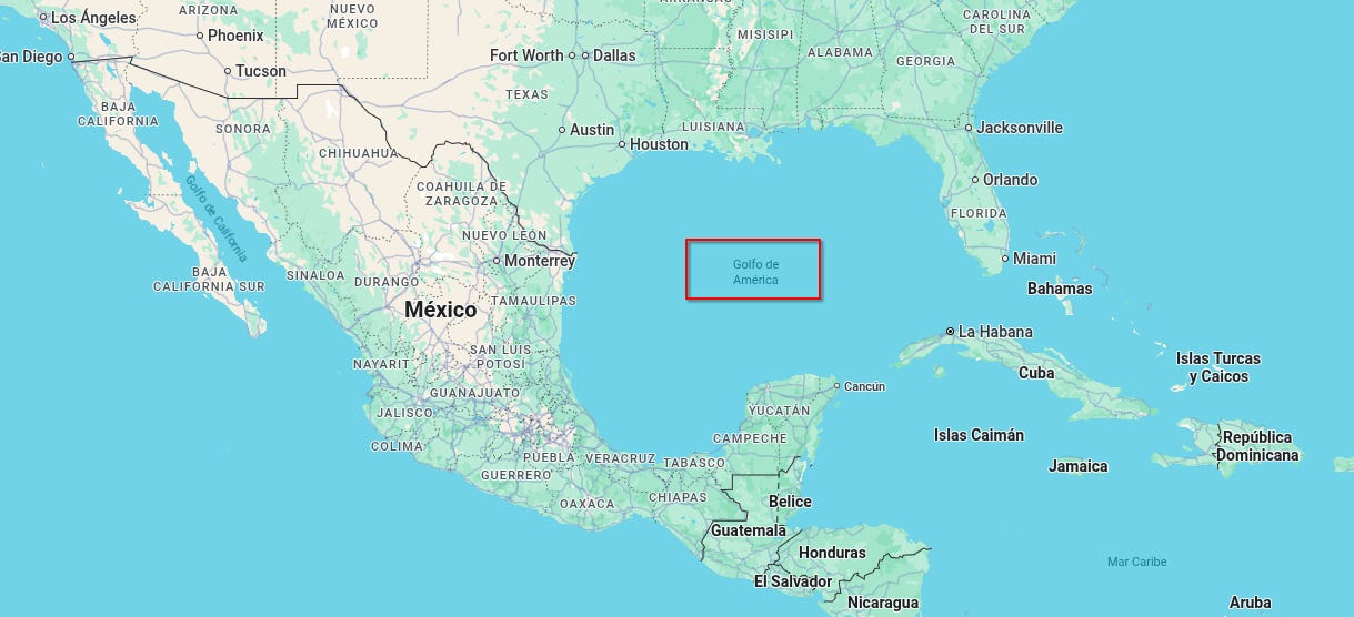 Recorte de Google Maps, mostrando como muestra "Golfo de América" cuando te conectas desde Estados Unidos