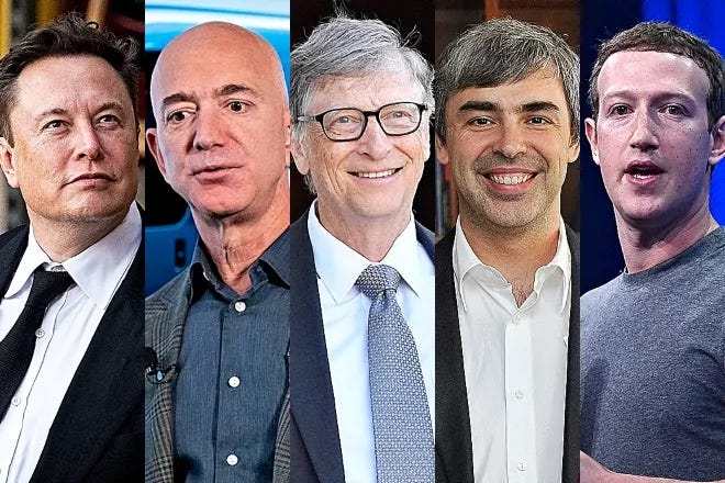 Foto mostrando los rostros de Elon Musk, Jeff Bezos, Bill Gates, Larry Page y Mark Zuckerberg) Foto mostrando los rostros de Elon Musk, Jeff Bezos, Bill Gates, Larry Page y Mark Zuckerberg)