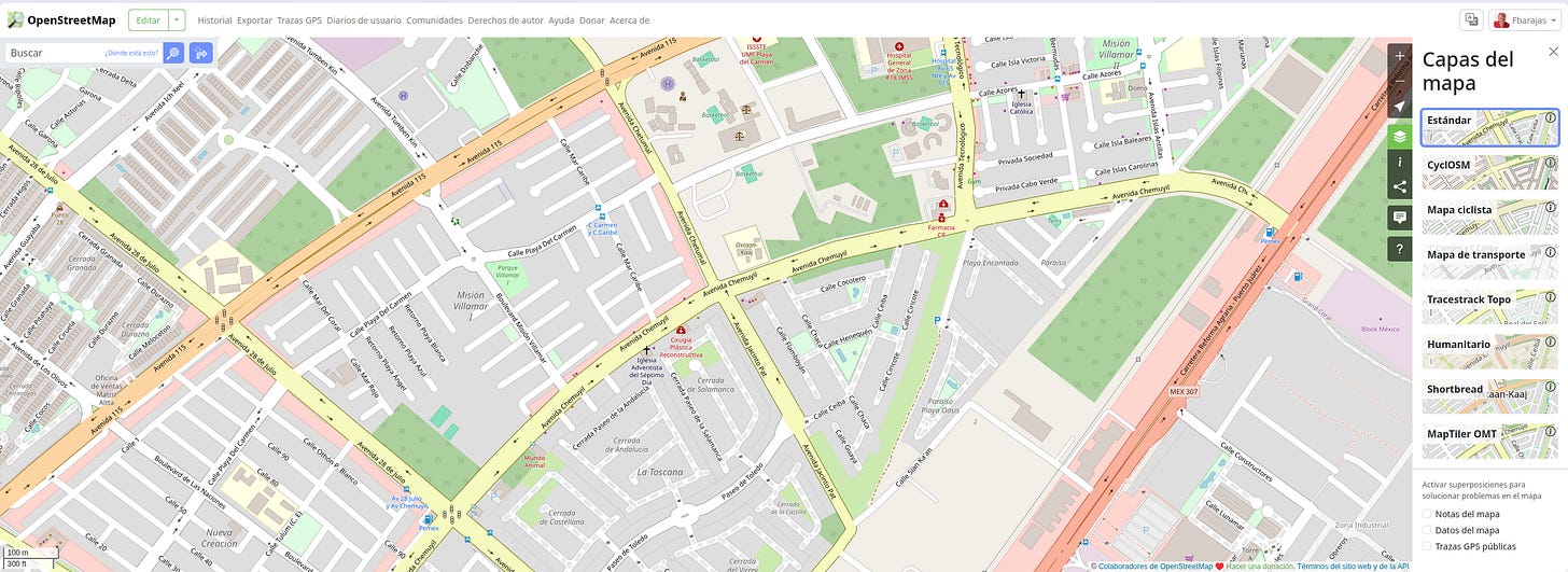 Recorte de Open Street Map, mostrando la región donde vive el autor. 