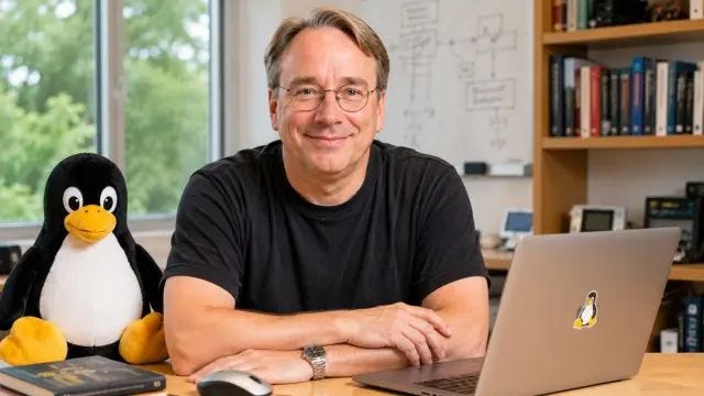 Linus Torvalds sonriendo en su escritorio Linus Torvalds sonriendo en su escritorio